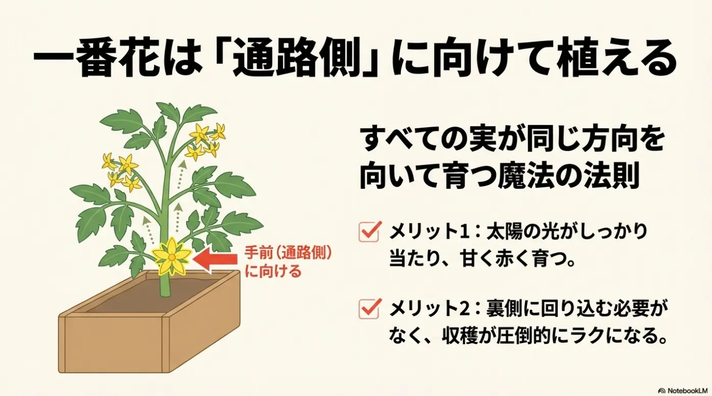 プランターの通路側に一番花を向けてミニトマトの苗を植えるイラスト