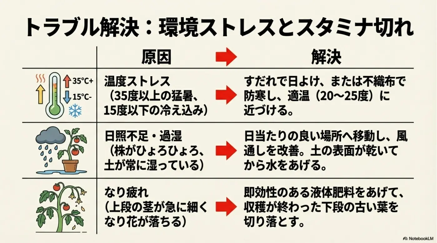 元気がなく花が落ちてしまったミニトマトのイラスト