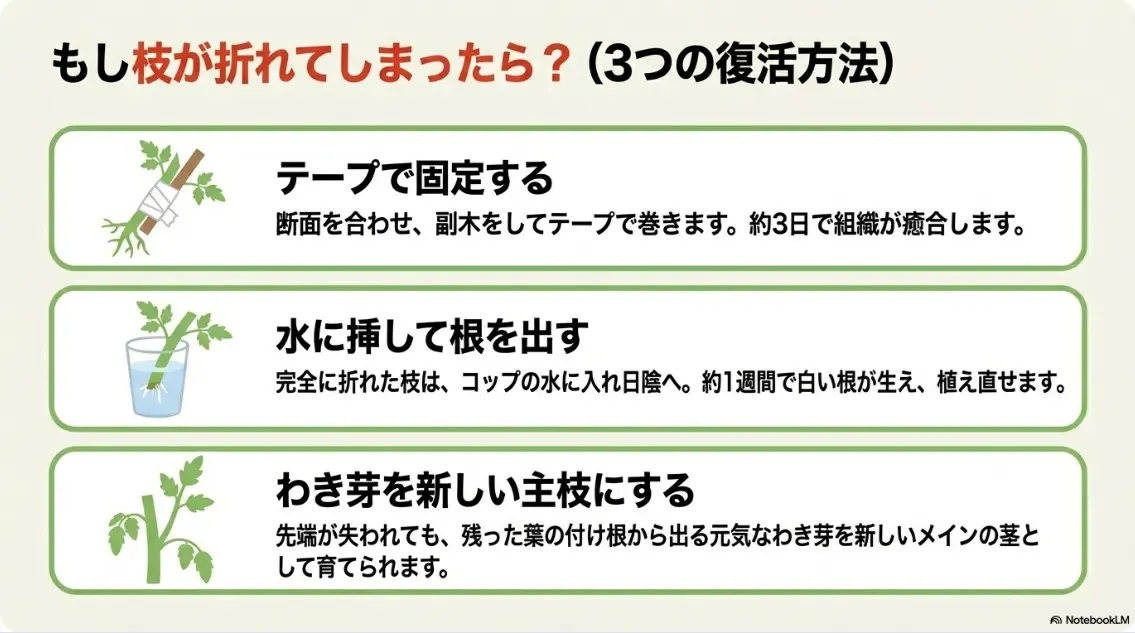 茎が折れた時にテープで固定する方法、水に挿して根を出す方法、わき芽を主枝にする方法をまとめたリカバリースライド