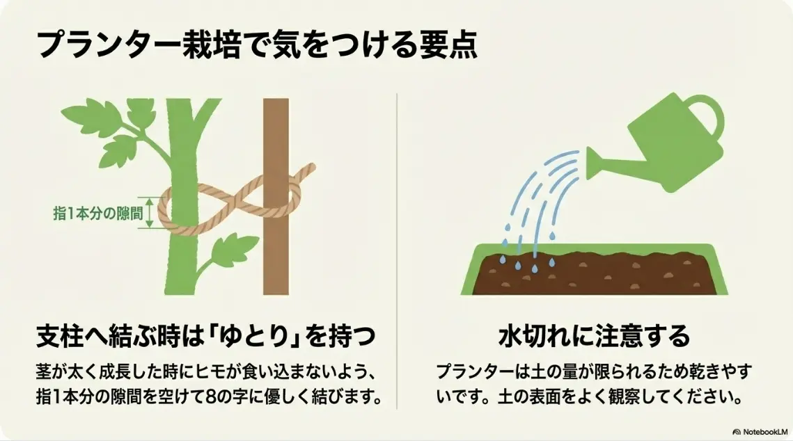 プランター栽培のミニトマトで支柱に紐を結ぶ際は指1本分のゆとりを持つことと、水切れに注意することを解説したスライド