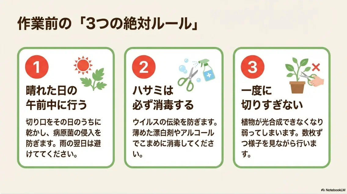 ミニトマト剪定のルールとして、晴れた日の午前中に行うこと、ハサミを消毒すること、一度に切りすぎないことを示したスライド