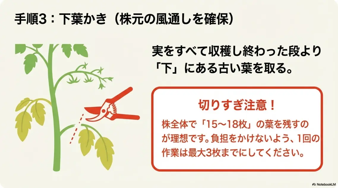 収穫し終わった段より下の葉を取り、株全体で15〜18枚の葉を残す下葉かきの目安を説明したスライド