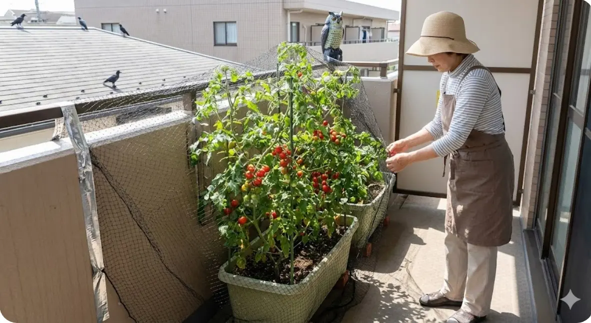 ベランダでのミニトマト栽培でカラスから実を守るネットなどの対策は?