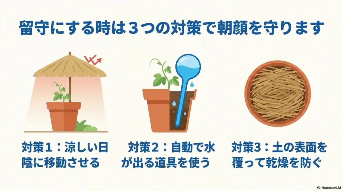 留守にする時は3つの対策で朝顔を守ります