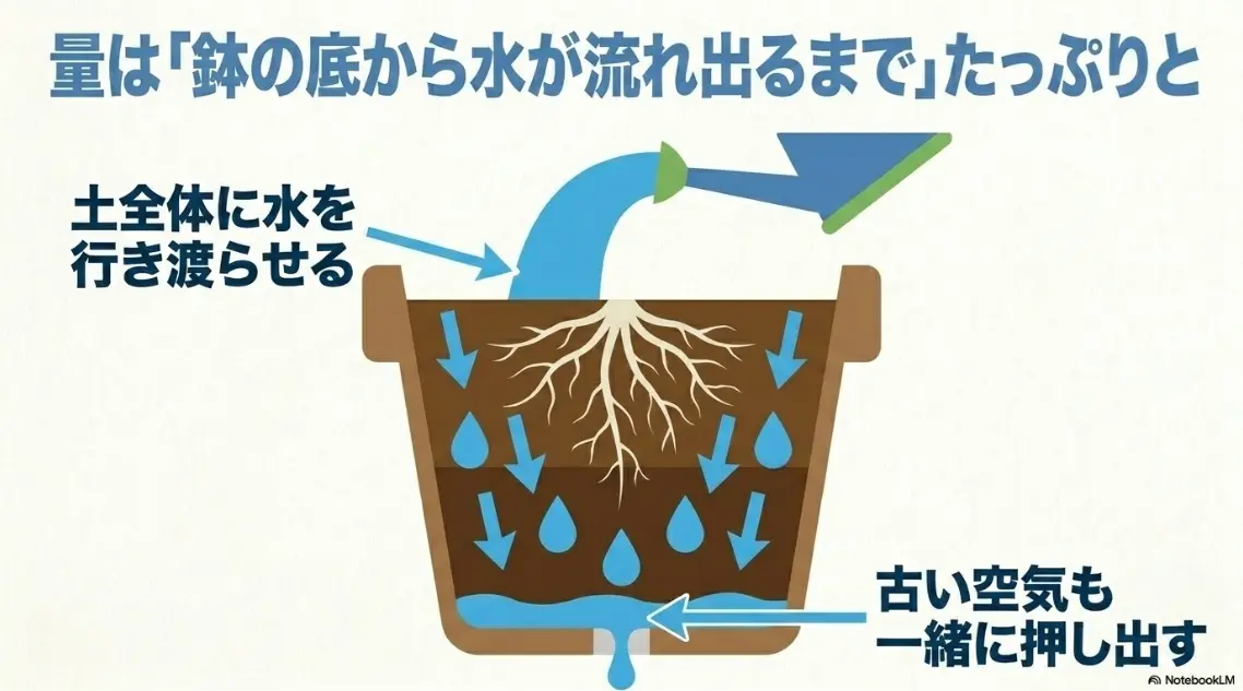 水やりの量は鉢の底から水が流れ出るまでたっぷりと
