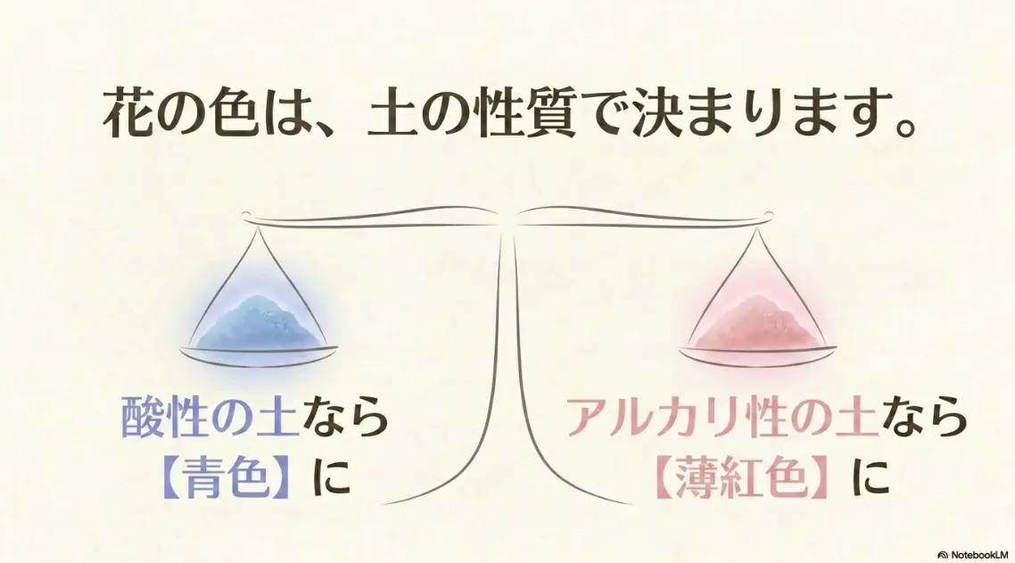 紫陽花の花色は酸性の土なら青色、アルカリ性の土なら薄紅色に変わる