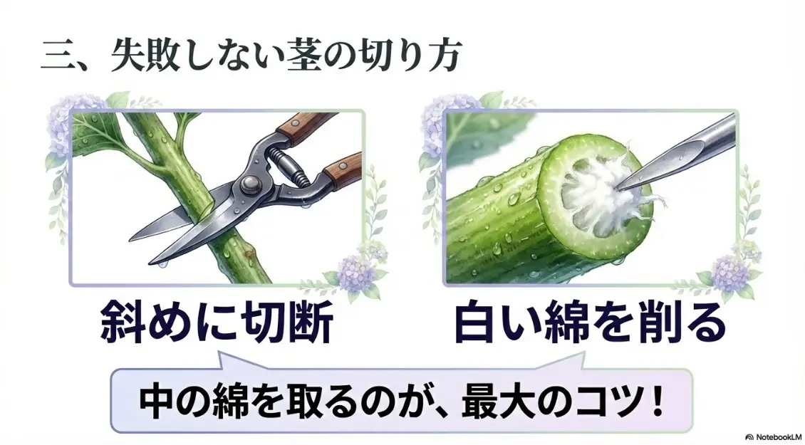 失敗しない紫陽花の茎の切り方（斜めに切断、白い綿を削る）