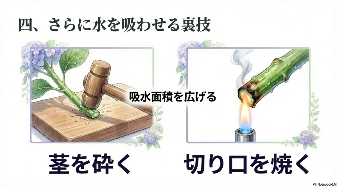 紫陽花にさらに水を吸わせる裏技（吸水面積を広げる、茎を砕く、切り口を焼く）