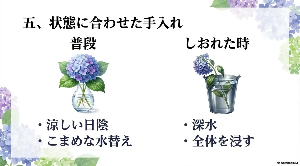 紫陽花の状態に合わせた手入れ（普段は涼しい日陰とこまめな水替え、しおれた時は深水や全体を浸す）