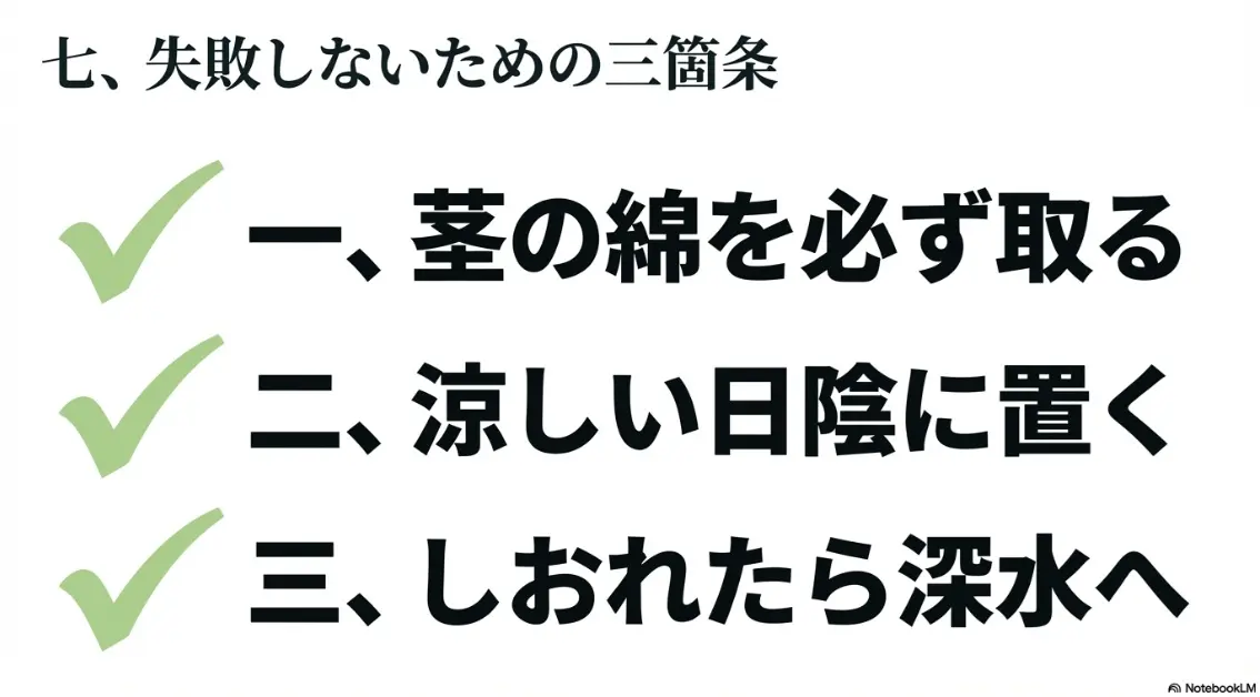 紫陽花の水揚げで失敗しないための三箇条（茎の綿を必ず取る、涼しい日陰に置く、しおれたら深水へ）