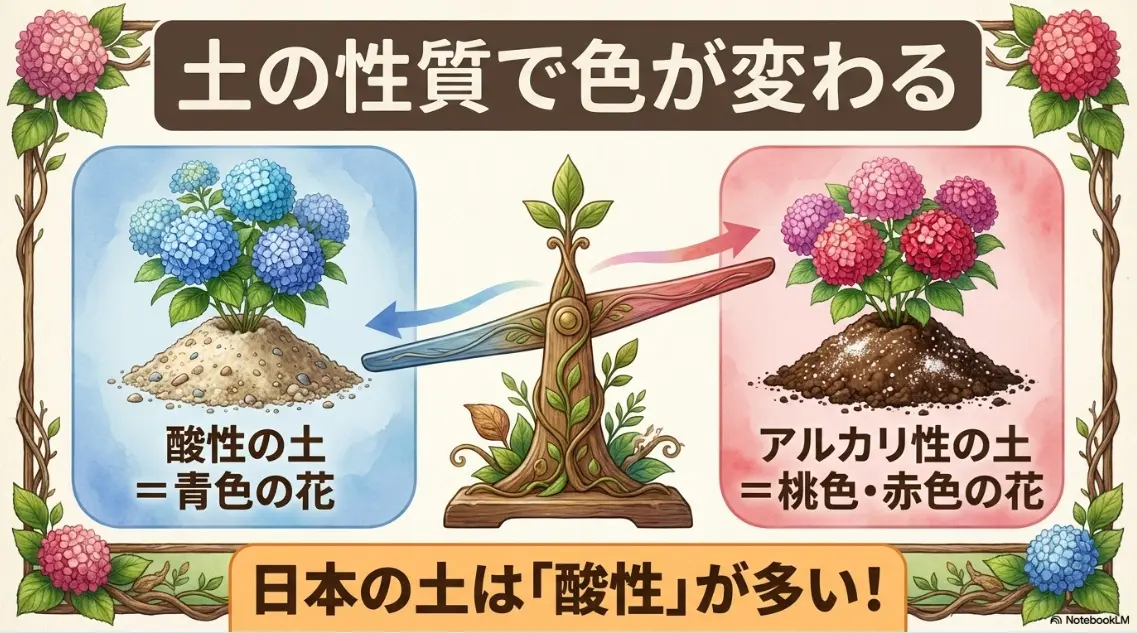 酸性の土では青色の花、アルカリ性の土では桃色や赤色の花が咲く紫陽花の性質と日本の土壌の特徴