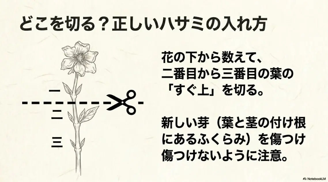 咲き終わった花の下から数えて2番目から3番目の葉のすぐ上を切り、新しい芽を傷つけないようにする正しいハサミの入れ方のスライド