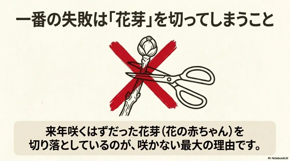 剪定での一番の失敗は来年咲くはずだった花芽（花の赤ちゃん）を切り落としてしまうことであると解説するスライド