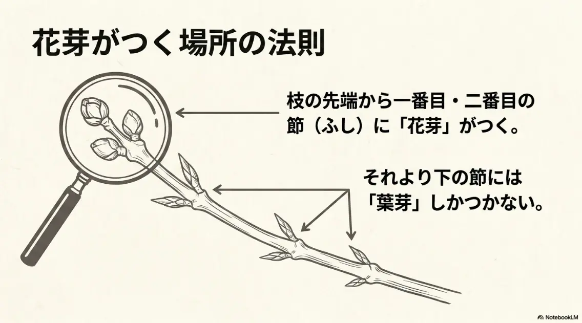 紫陽花の花芽は枝の先端から1番目・2番目の節にしかつかず、それより下の節には葉芽しかつかないという法則を説明するスライド