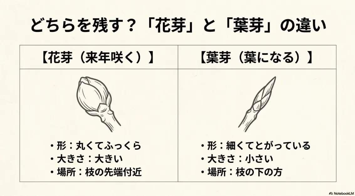 丸くてふっくらした花芽と、細くてとがった葉芽の形・大きさ・つく場所の違いを比較したスライド