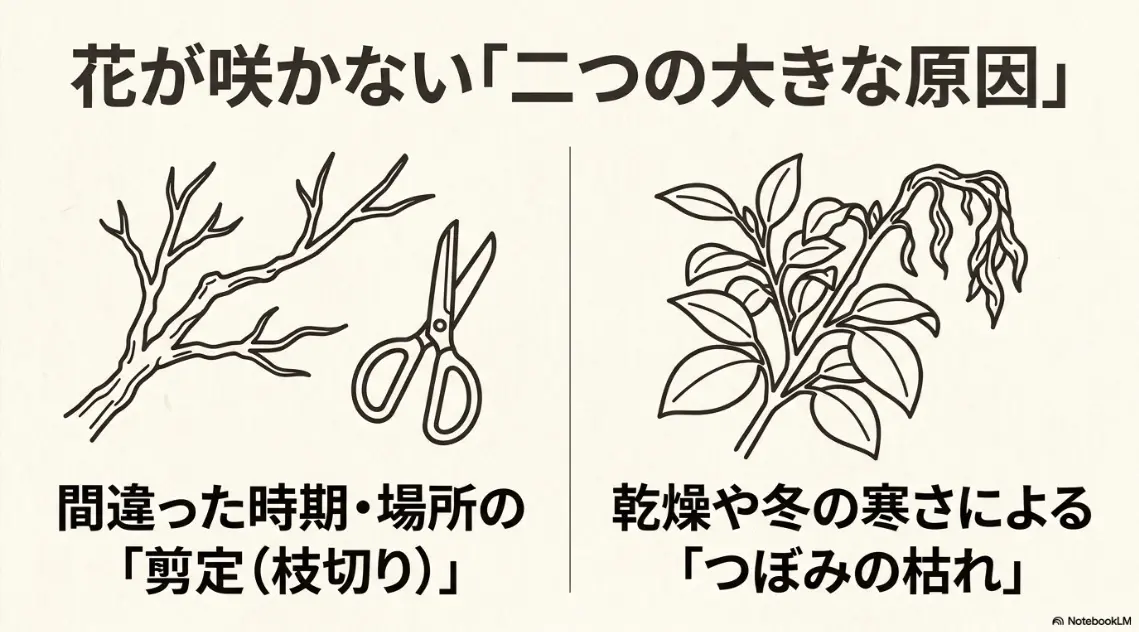 紫陽花の花が咲かない二つの大きな原因である「間違った時期・場所の剪定（枝切り）」と「乾燥や冬の寒さによるつぼみの枯れ」を解説するスライド