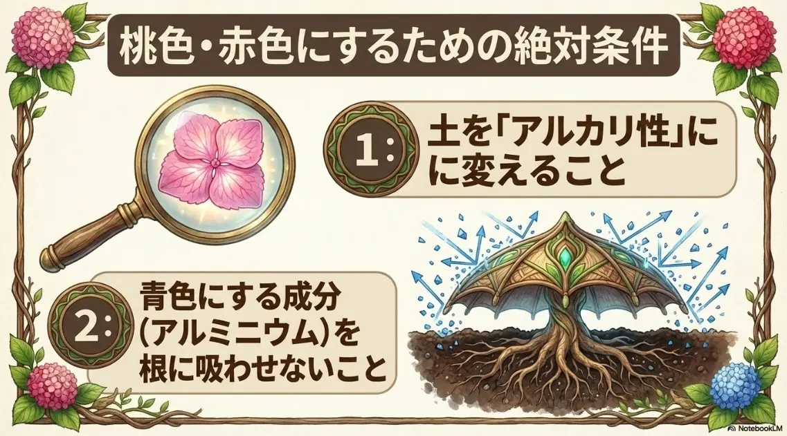 紫陽花を桃色や赤色にするための絶対条件として、土をアルカリ性に変えることとアルミニウムを根に吸わせないことを解説