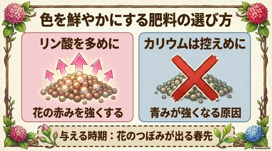 紫陽花の赤みを強くして色を鮮やかにするためには、リン酸を多めにして花のつぼみが出る春先に与える