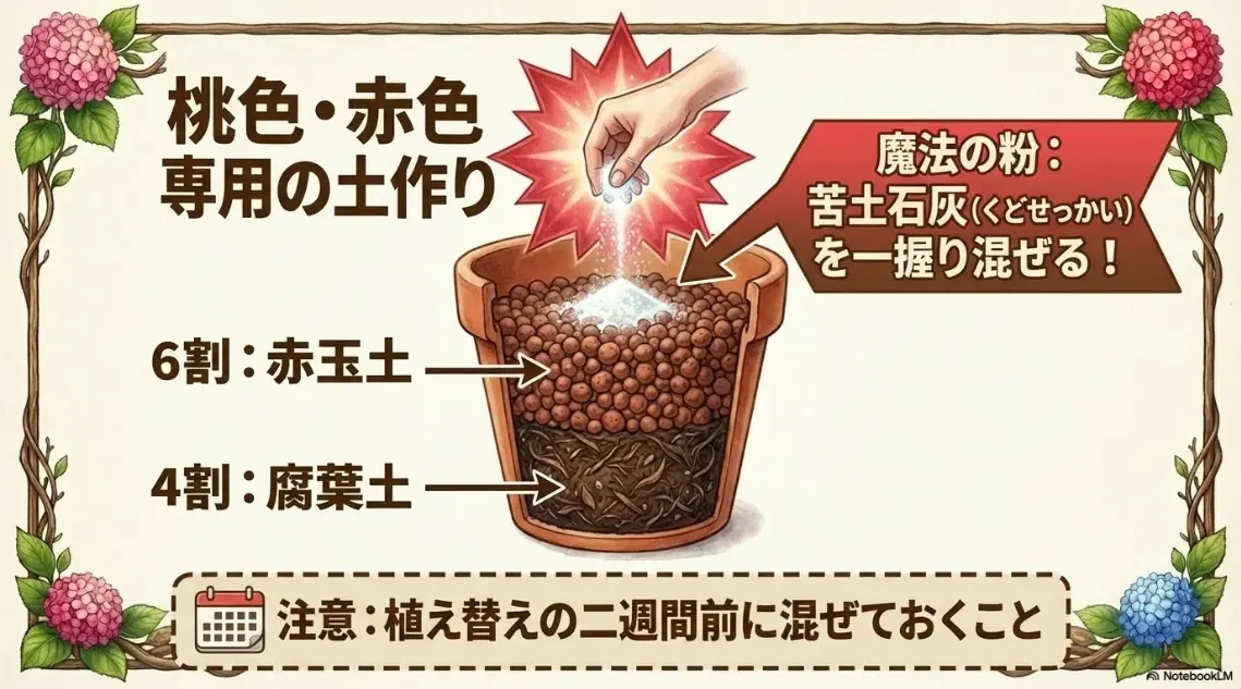 赤玉土6割、腐葉土4割の配合に苦土石灰を一握り混ぜる、ピンク色・赤色専用の紫陽花の土作りレシピ