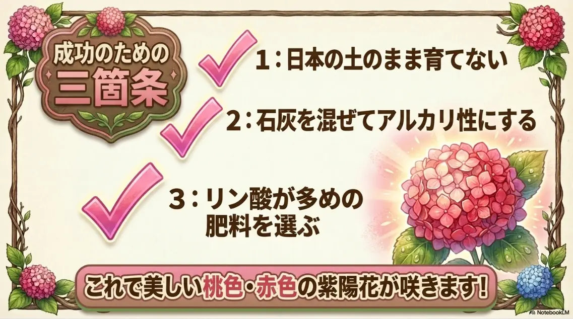 日本の土のまま育てない、石灰を混ぜてアルカリ性にする、リン酸が多めの肥料を選ぶという紫陽花栽培成功のための三箇条