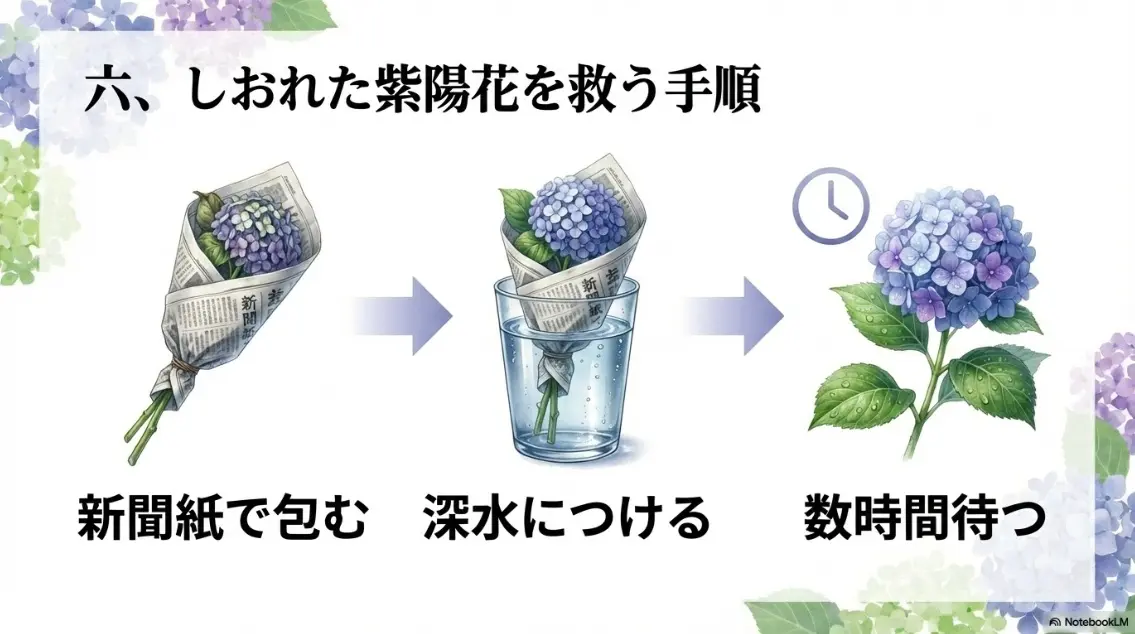 しおれた紫陽花を救う手順（新聞紙で包む、深水につける、数時間待つ）