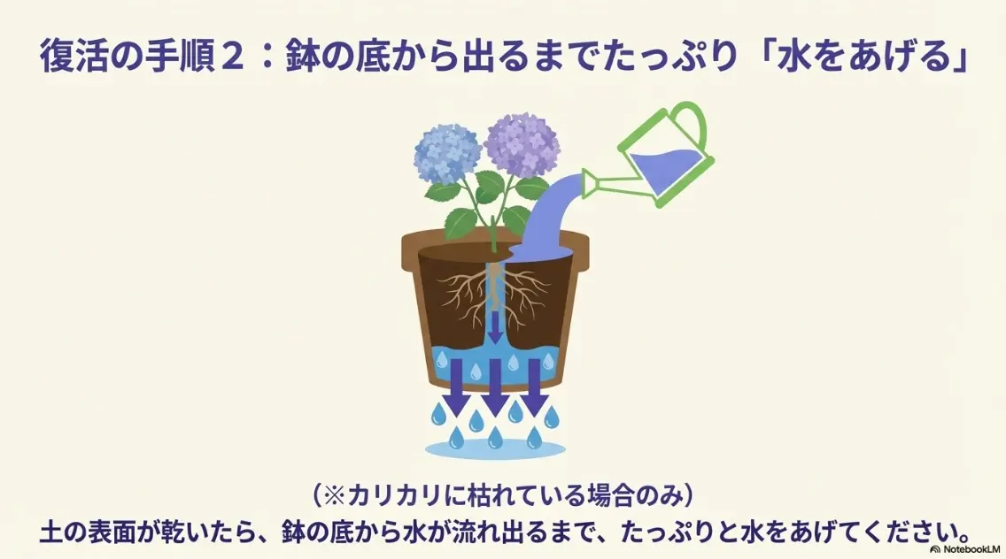 鉢土の表面が乾いた際、鉢底から流れるまでたっぷりと水を与える手順の解説画像