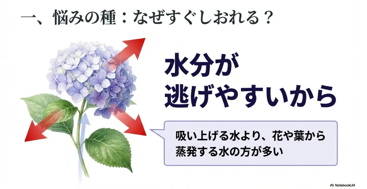 紫陽花がすぐしおれる原因は、吸水より蒸発する水分が多いため