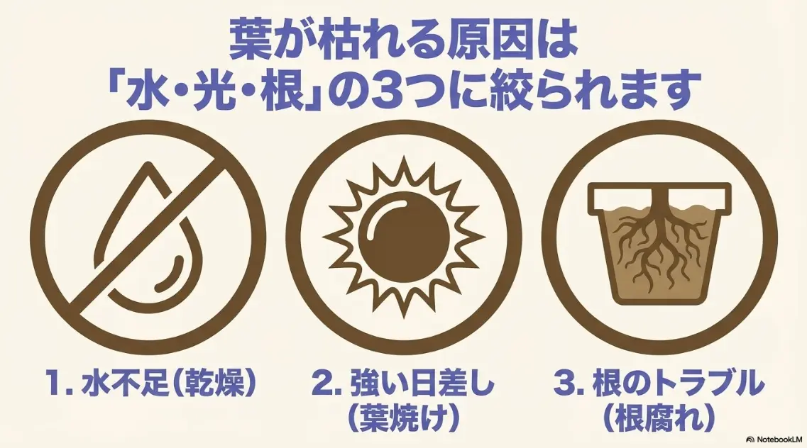 紫陽花の葉が枯れる主な原因である水不足、強い日差し、根のトラブルをまとめた図解