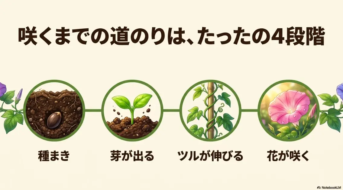 朝顔が咲くまでの4段階の道のり