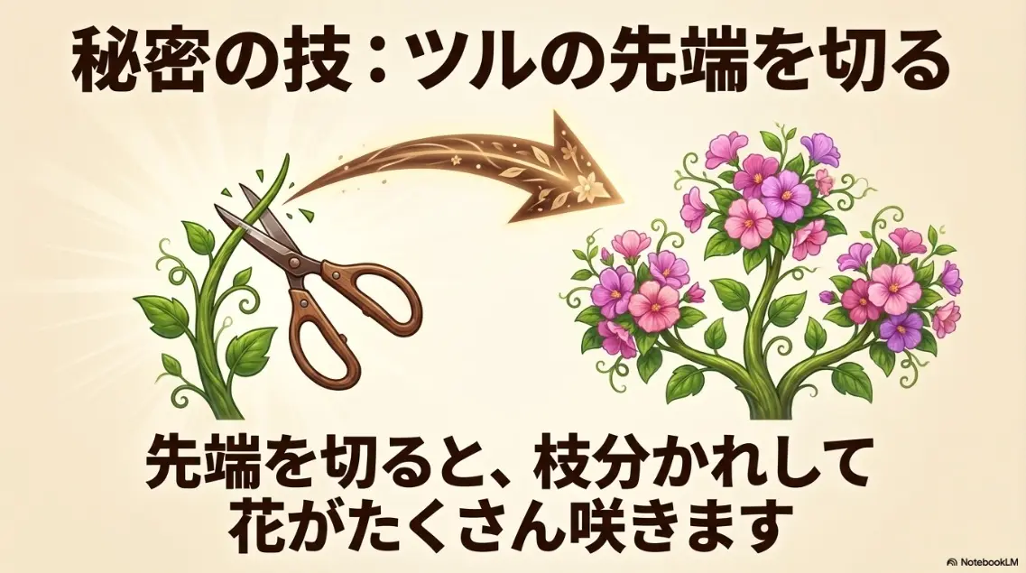 ツルの先端を切る朝顔の摘心