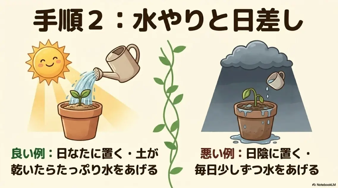 朝顔の水やりと日差しの良い例と悪い例