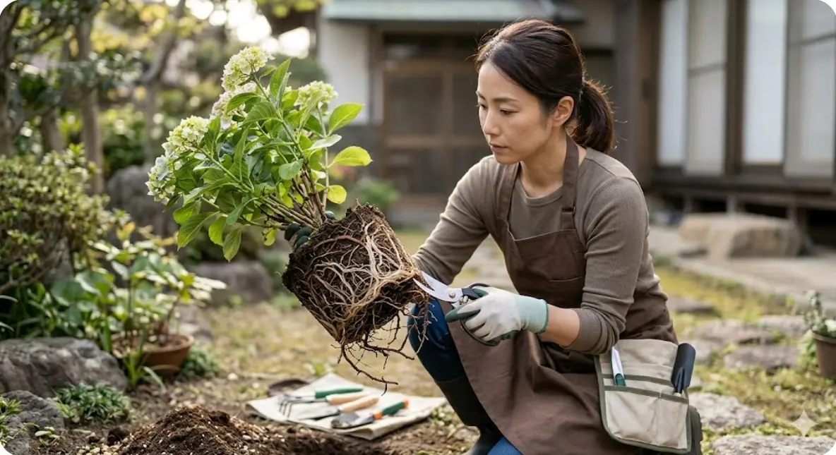 紫陽花の地植えへの移植時に根を切るべきか？