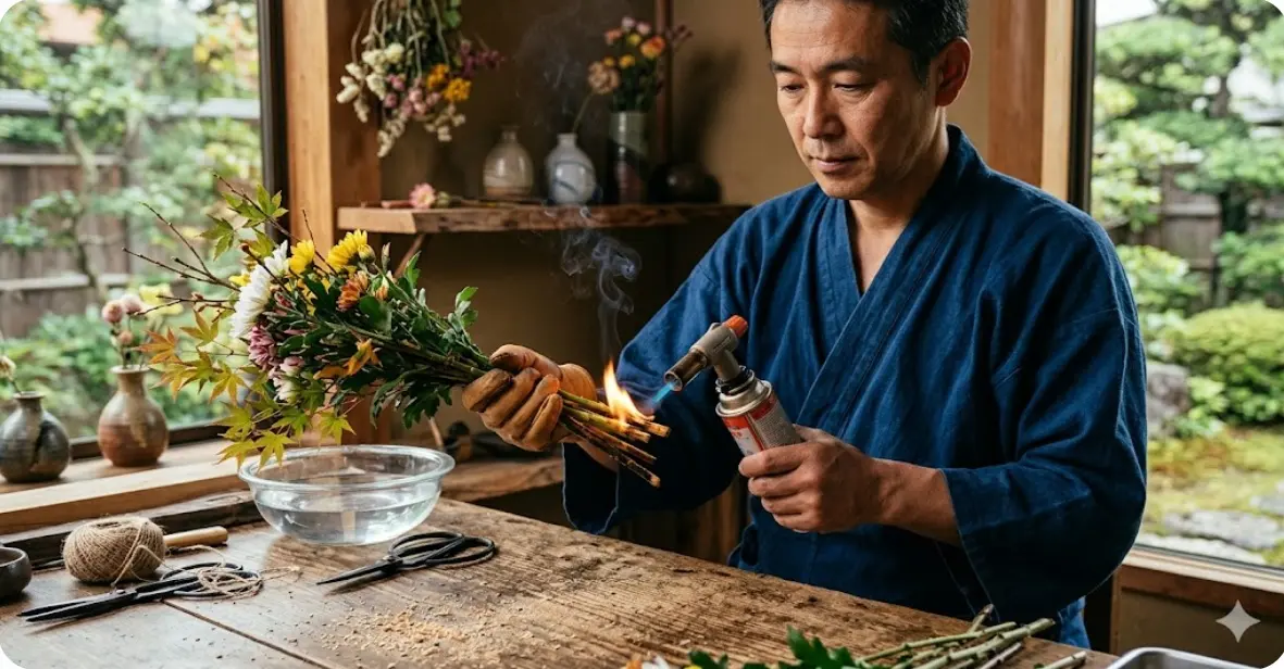 紫陽花の水揚げで茎の根元を焼く物理的アプローチ