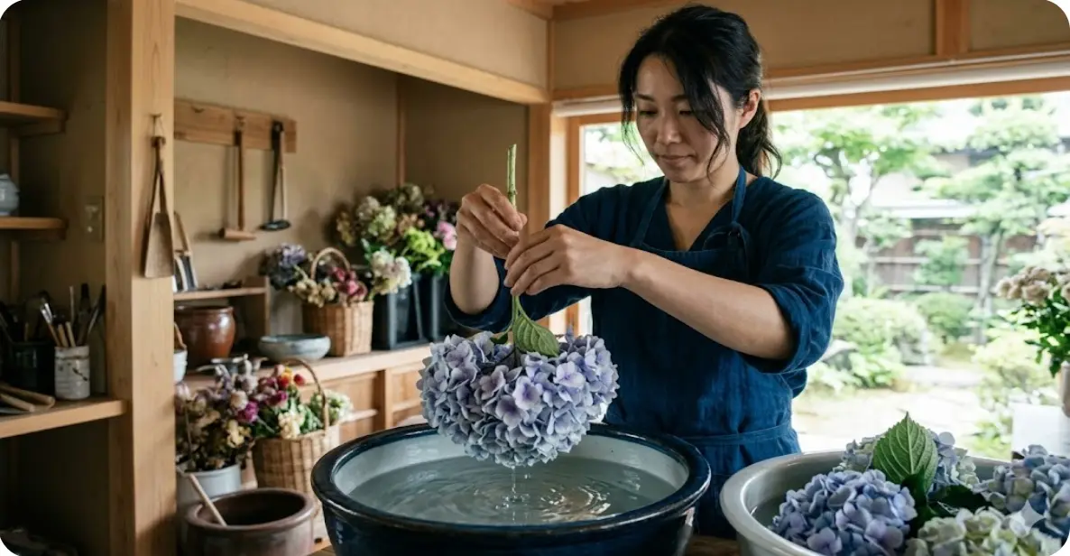 花を逆さまに水に沈める全身浴の効果