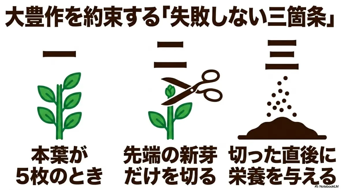 大豊作を約束する失敗しない三箇条：一、本葉が5枚のときだけを切る。二、先端の新芽を切る。三、切った直後に栄養を与える
