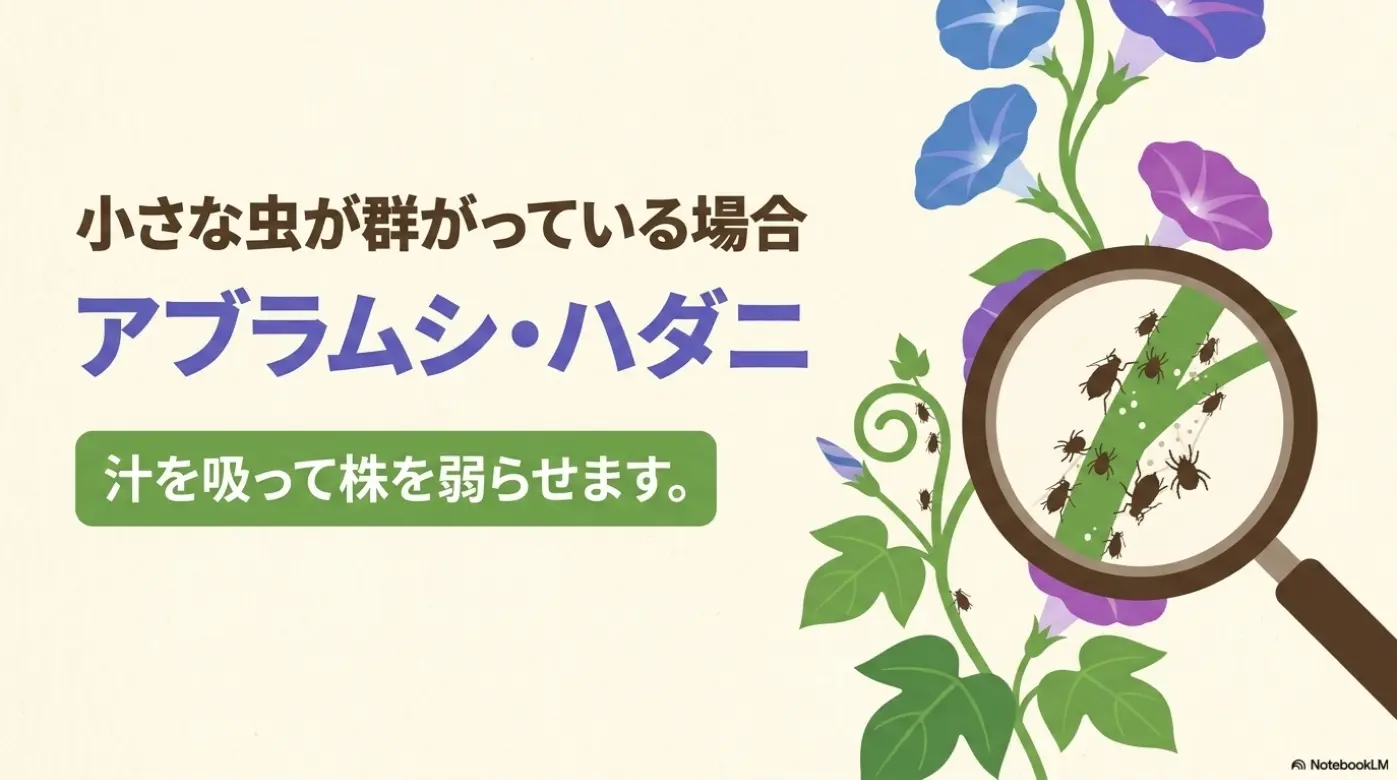 小さな虫が群がって植物の汁を吸い、朝顔の株を弱らせる様子を描いたイラスト。