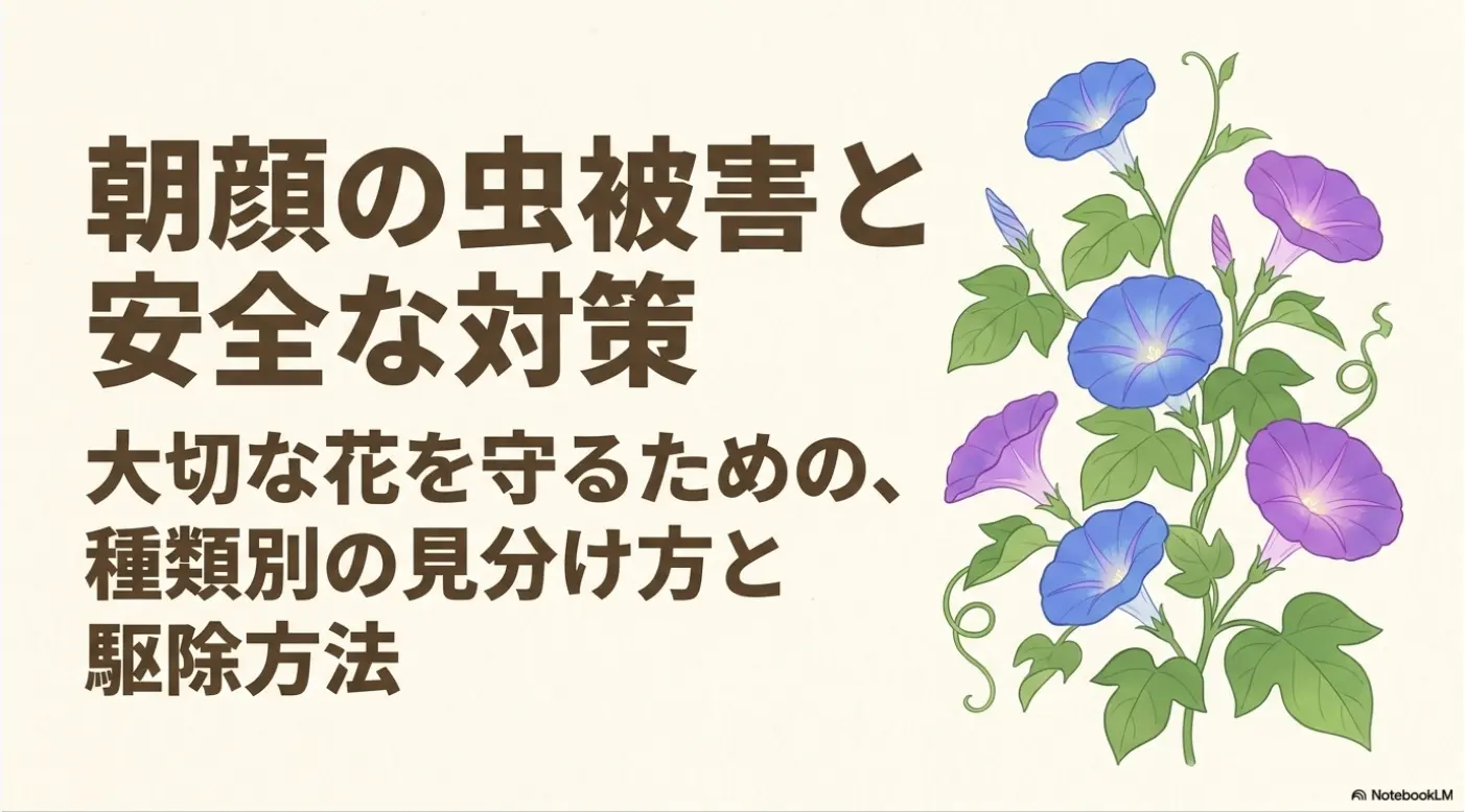 朝顔の虫被害の種類別見分け方と安全な駆除方法を解説するガイドの表紙画像。
