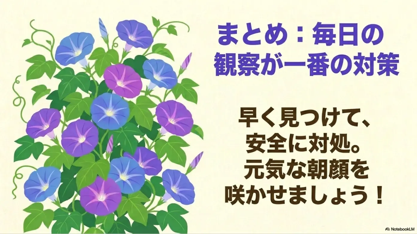 綺麗に咲いた朝顔のイラストと共に、毎日の観察が一番の対策であることを伝えるまとめ画像。