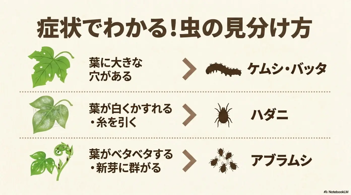 葉の大きな穴はケムシ・バッタ、白くかすれるのはハダニ、ベタベタするのはアブラムシといった、症状別の害虫判別図。