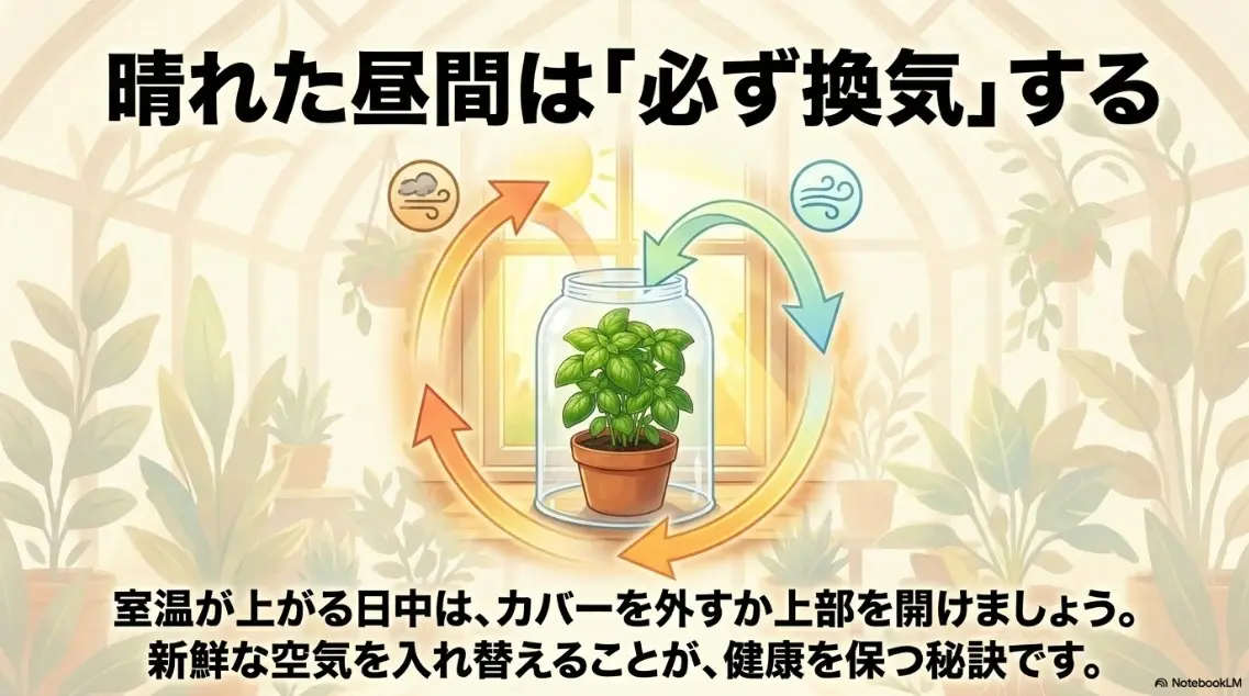 晴れた昼間はバジルのビニールカバーを外して換気する