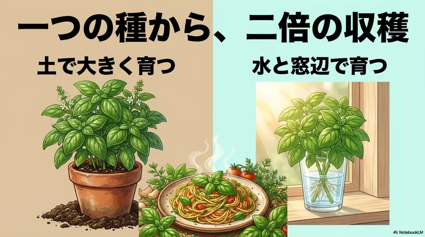 バジルは一つの種から土と水で二倍の収穫が楽しめる
