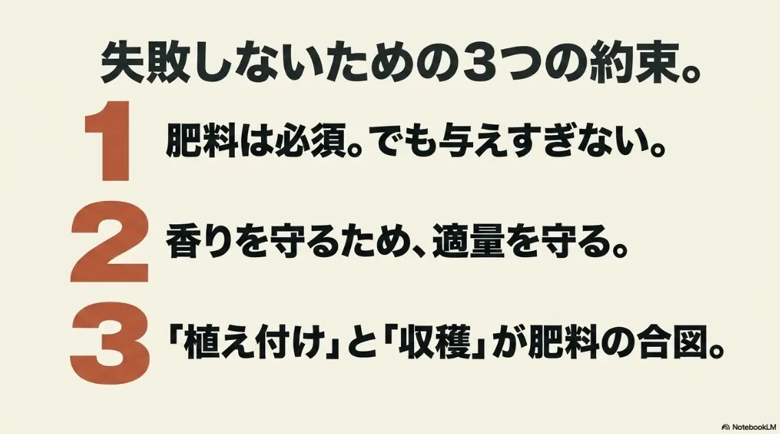 バジルの肥料で失敗しないための3つの約束（必須だが与えすぎない、適量を守る、合図を見逃さない）
