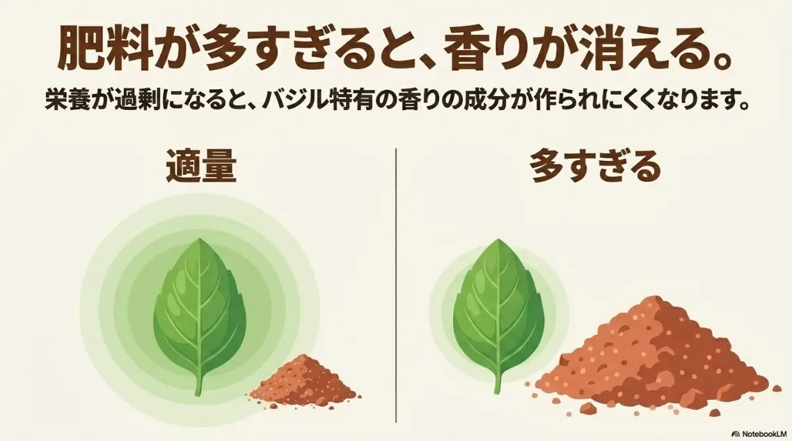 バジルに肥料を与えすぎると特有の香り成分が作られにくくなる