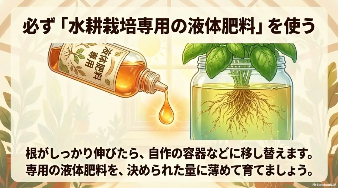 バジルの水耕栽培には必ず専用の液体肥料を使用する