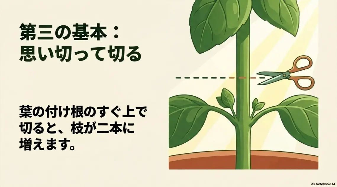 茎を増やすために葉の付け根のすぐ上でカットする摘心（ピンチ）のポイントを示したイラスト