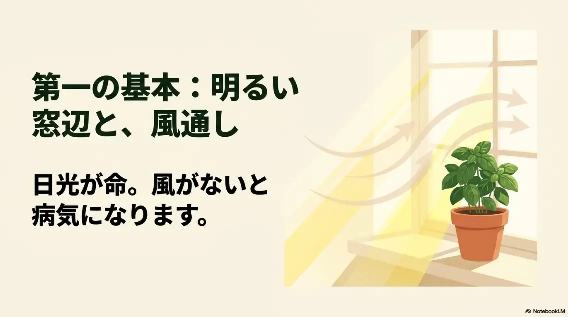 窓際での日光浴と、病気を防ぐための風通しの重要性を説明する解説画像