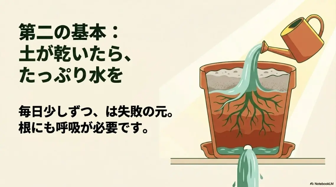 土が乾いたら鉢底から出るまでたっぷり水を与え、根に呼吸をさせるコツを教える図解