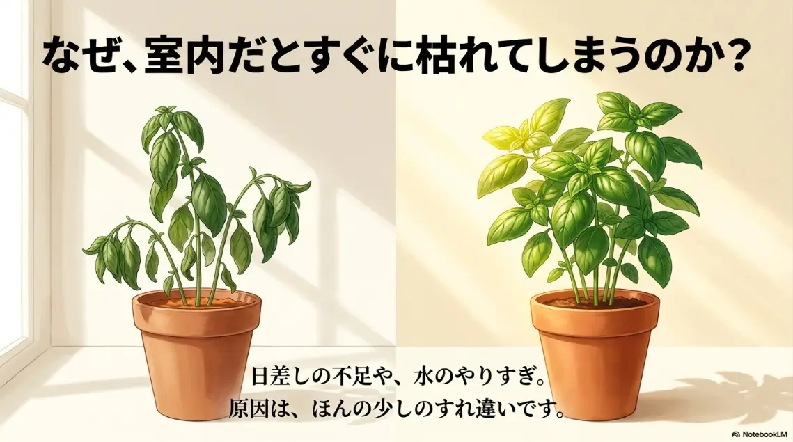 日当たり不足と水のやりすぎで枯れたバジルと、青々と育った健康なバジルの比較イラスト