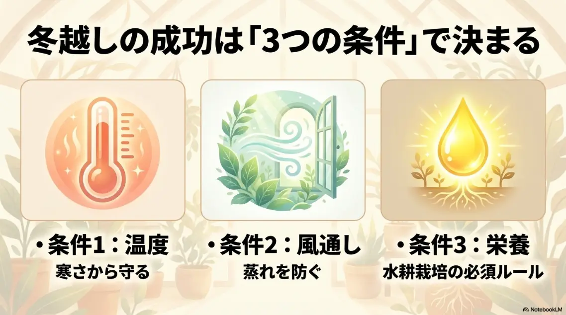 バジルの冬越しを成功させる3つの条件（温度・風通し・栄養）