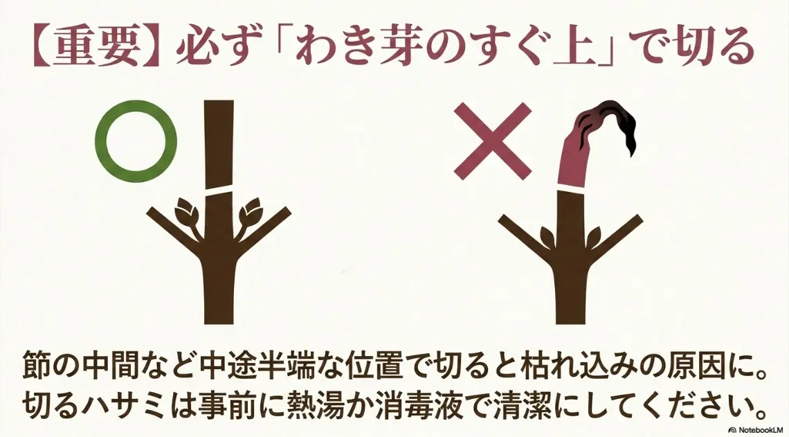 バジルの茎を切る際は節の中間ではなく必ずわき芽のすぐ上で切る